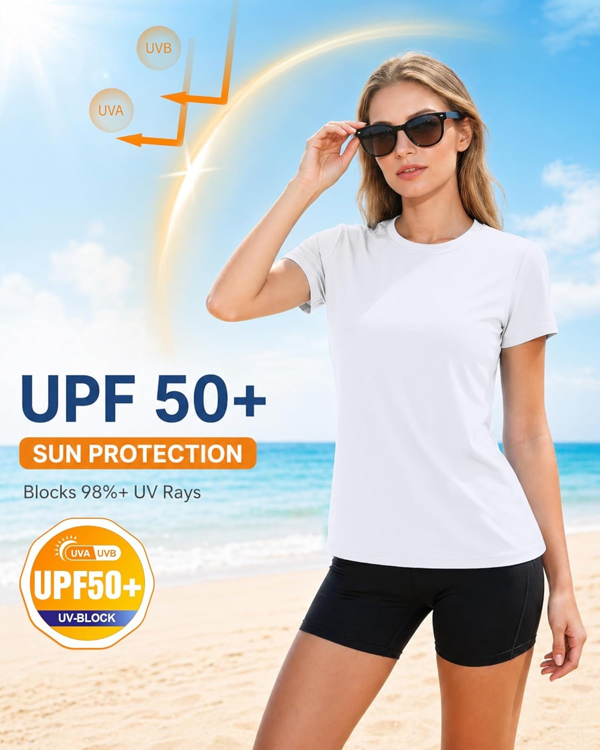 image:imageRunhit Womens UPF 50 Sun Protection Shirts Short Sleeve UV Rash Guard SPF Workout Tops TShirt Quick Dry Swim Hiking RunningWhite