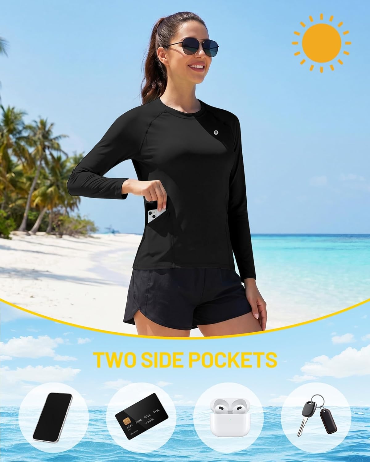 image:imageRunhit Womens UPF 50 Sun Shirts with Pockets Long Sleeve UV Protection Swim Rash Guard Lightweight Quick Dry Workout HikingBlack