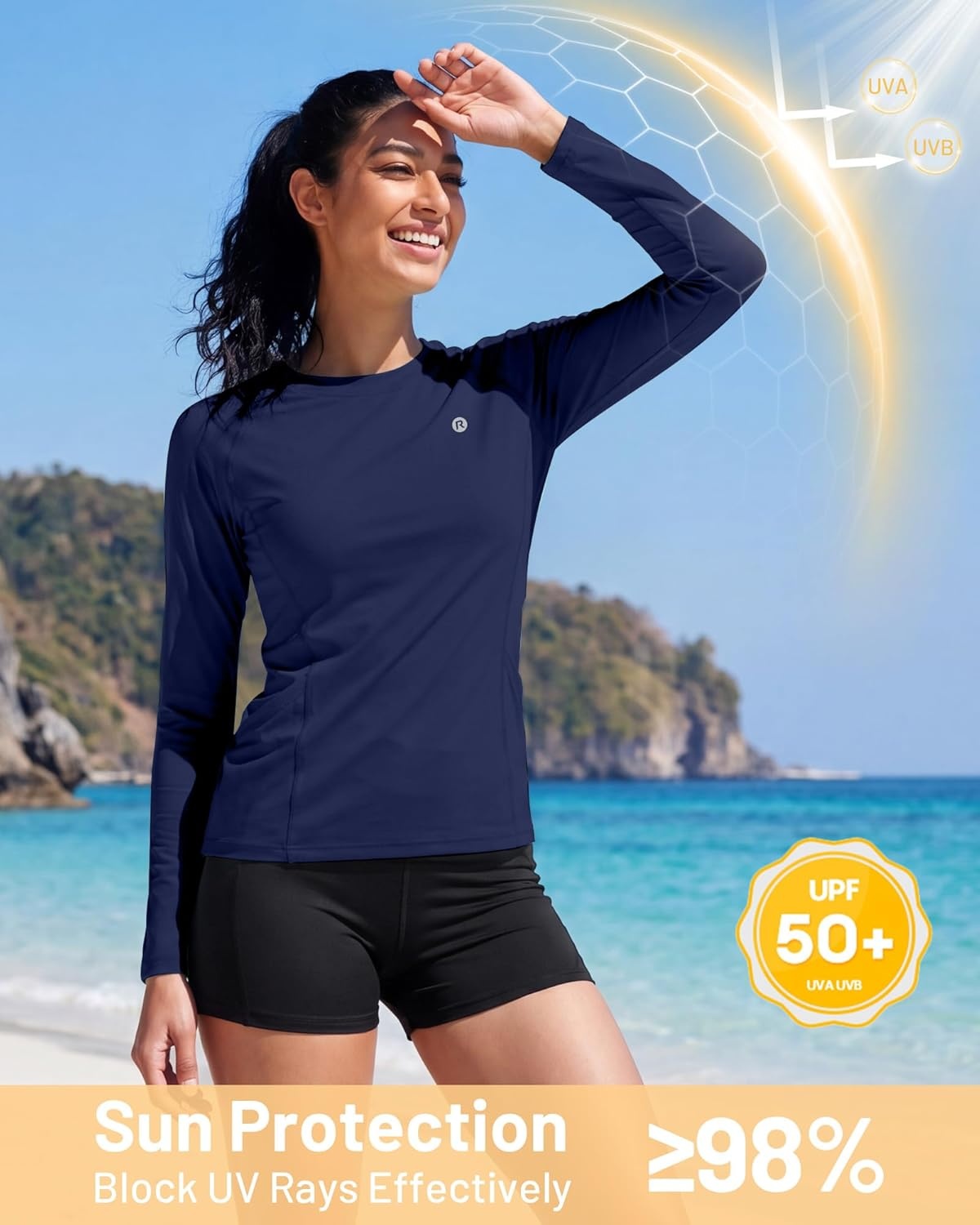 image:imageRunhit Womens UPF 50 Sun Shirts with Pockets Long Sleeve UV Protection Swim Rash Guard Lightweight Quick Dry Workout HikingDark Blue