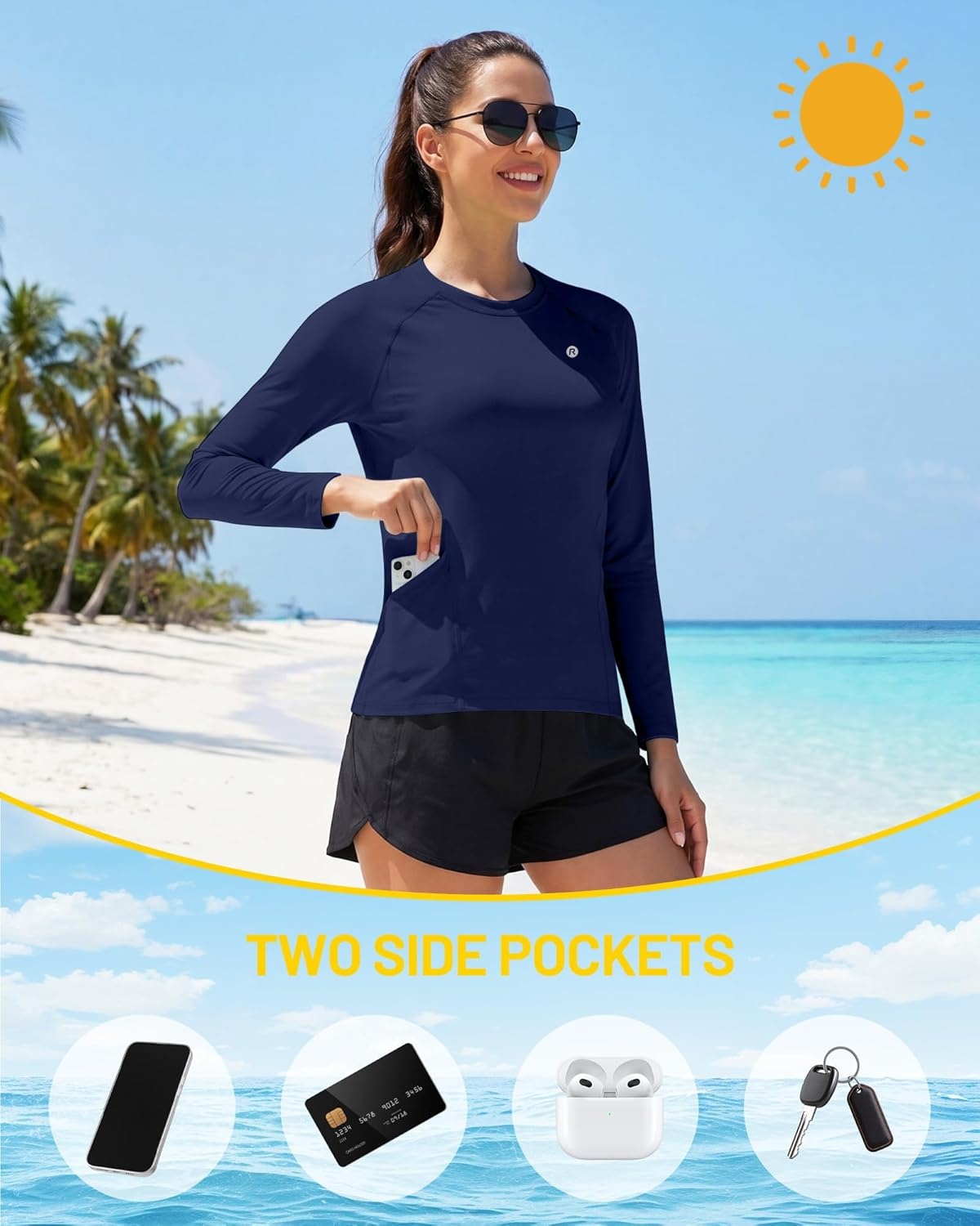 image:imageRunhit Womens UPF 50 Sun Shirts with Pockets Long Sleeve UV Protection Swim Rash Guard Lightweight Quick Dry Workout HikingDark Blue