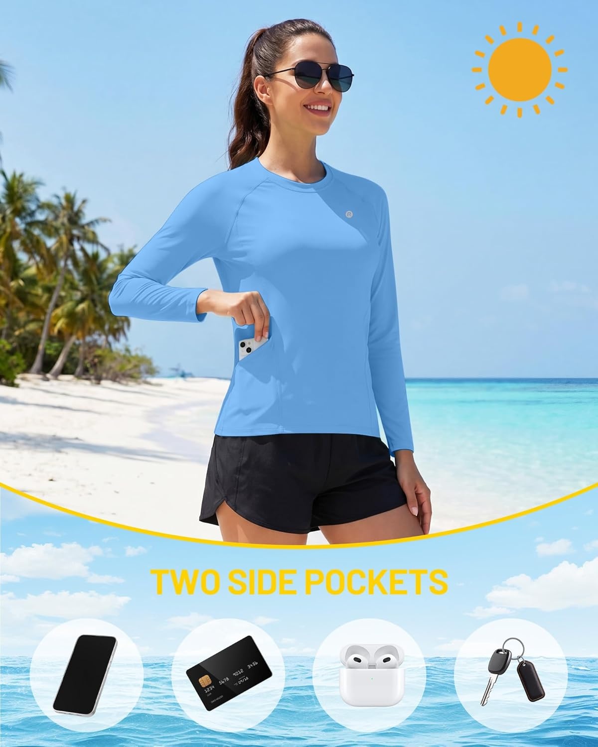 image:imageRunhit Womens UPF 50 Sun Shirts with Pockets Long Sleeve UV Protection Swim Rash Guard Lightweight Quick Dry Workout HikingElegant Blue