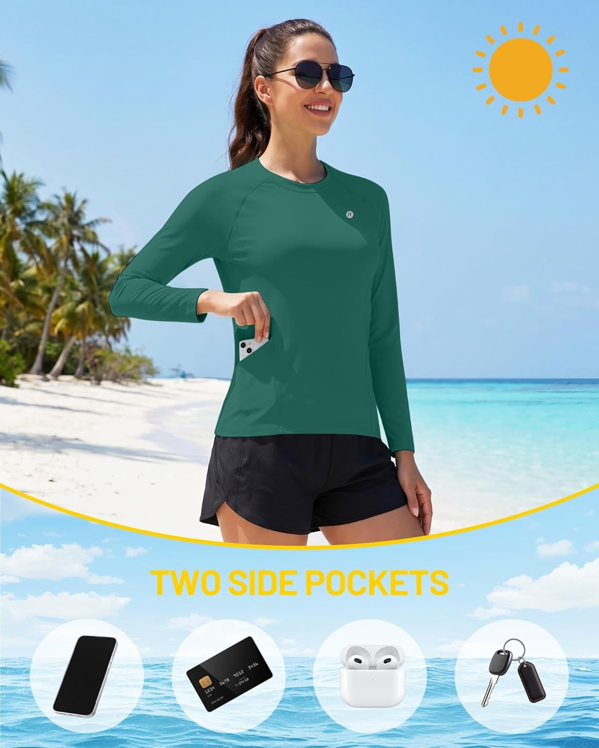 image:imageRunhit Womens UPF 50 Sun Shirts with Pockets Long Sleeve UV Protection Swim Rash Guard Lightweight Quick Dry Workout HikingEmerald Green