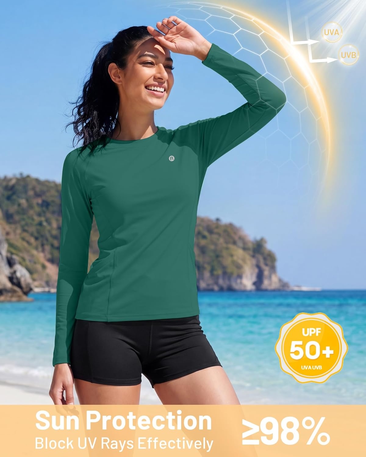 image:imageRunhit Womens UPF 50 Sun Shirts with Pockets Long Sleeve UV Protection Swim Rash Guard Lightweight Quick Dry Workout HikingEmerald Green