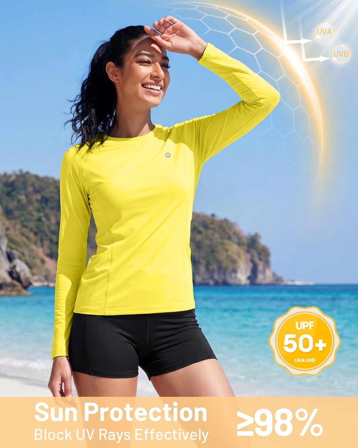 image:imageRunhit Womens UPF 50 Sun Shirts with Pockets Long Sleeve UV Protection Swim Rash Guard Lightweight Quick Dry Workout HikingGolden Yellow