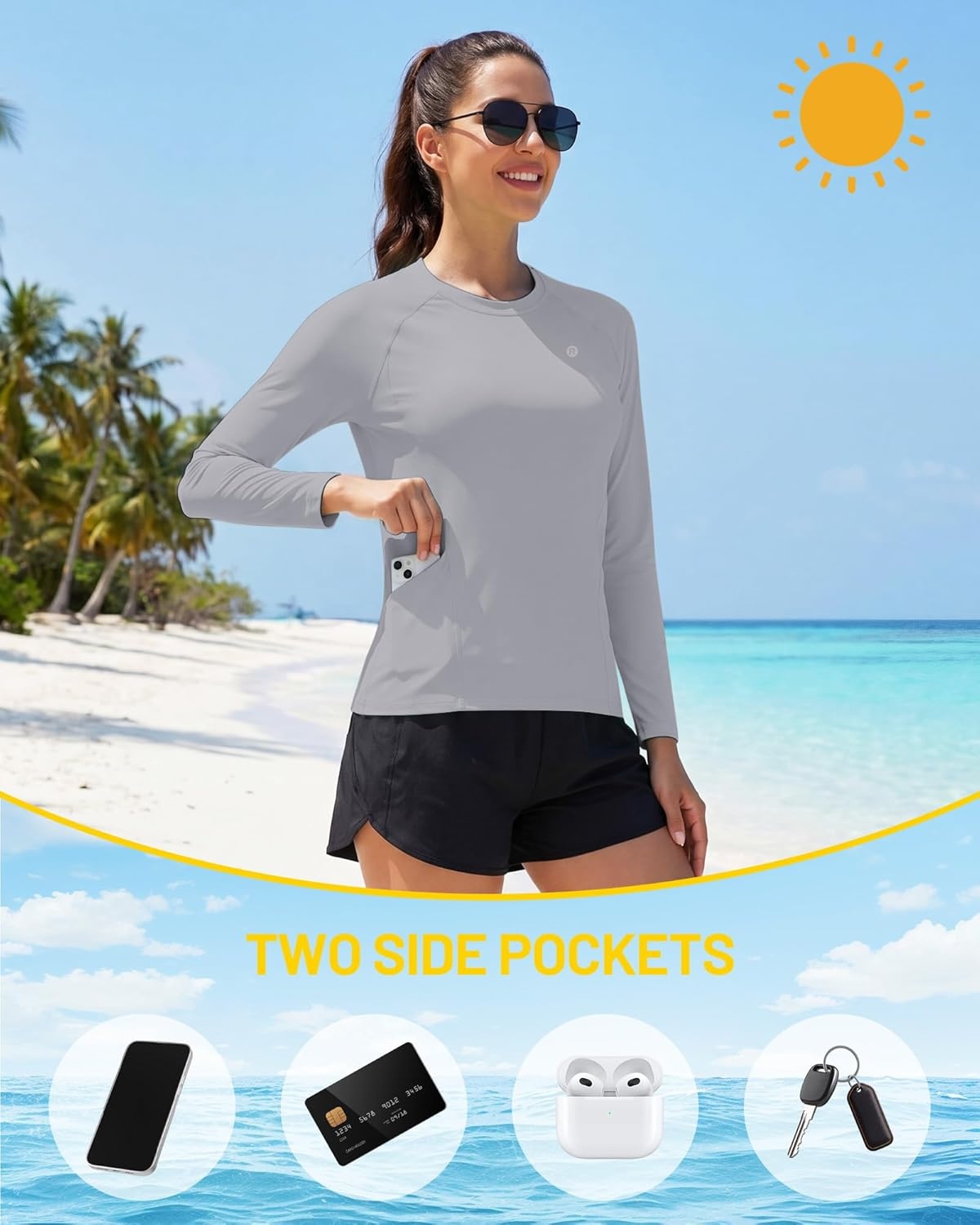 image:imageRunhit Womens UPF 50 Sun Shirts with Pockets Long Sleeve UV Protection Swim Rash Guard Lightweight Quick Dry Workout HikingGray