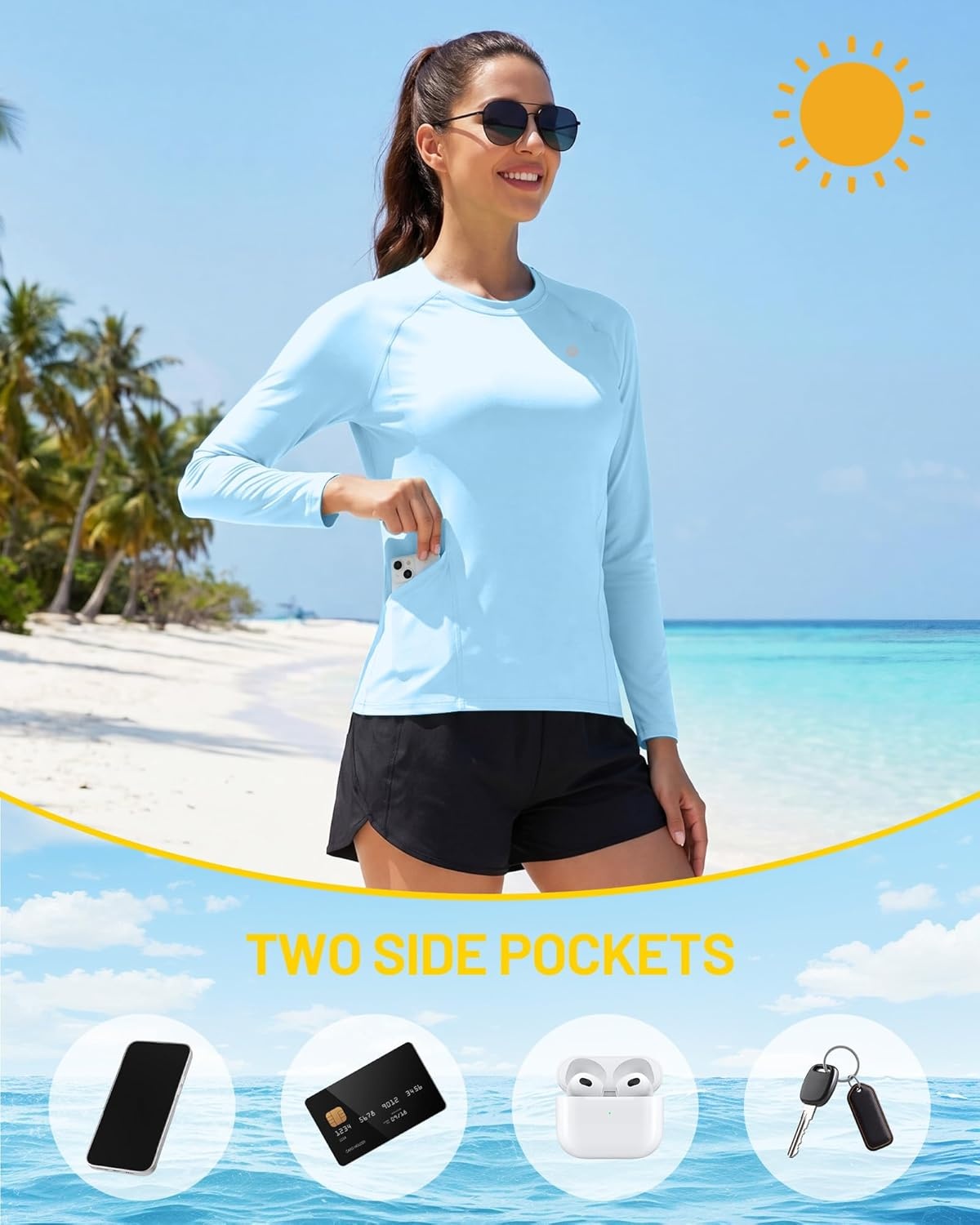 image:imageRunhit Womens UPF 50 Sun Shirts with Pockets Long Sleeve UV Protection Swim Rash Guard Lightweight Quick Dry Workout HikingLight Blue