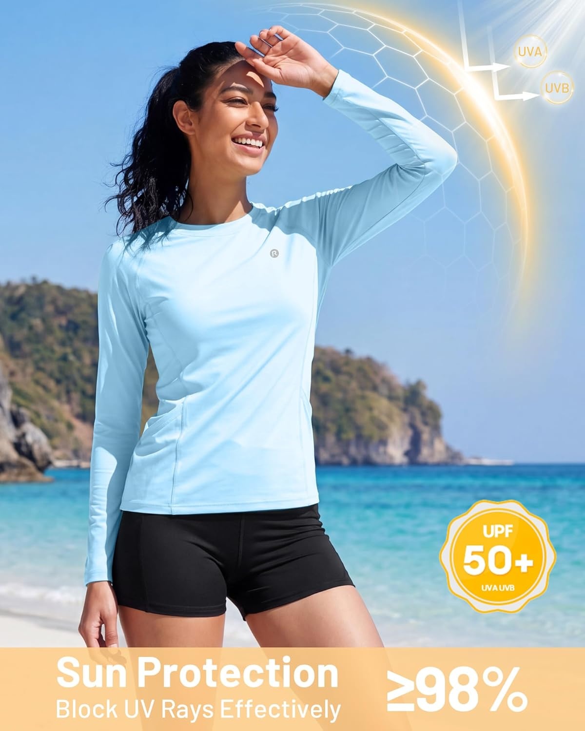 image:imageRunhit Womens UPF 50 Sun Shirts with Pockets Long Sleeve UV Protection Swim Rash Guard Lightweight Quick Dry Workout HikingLight Blue
