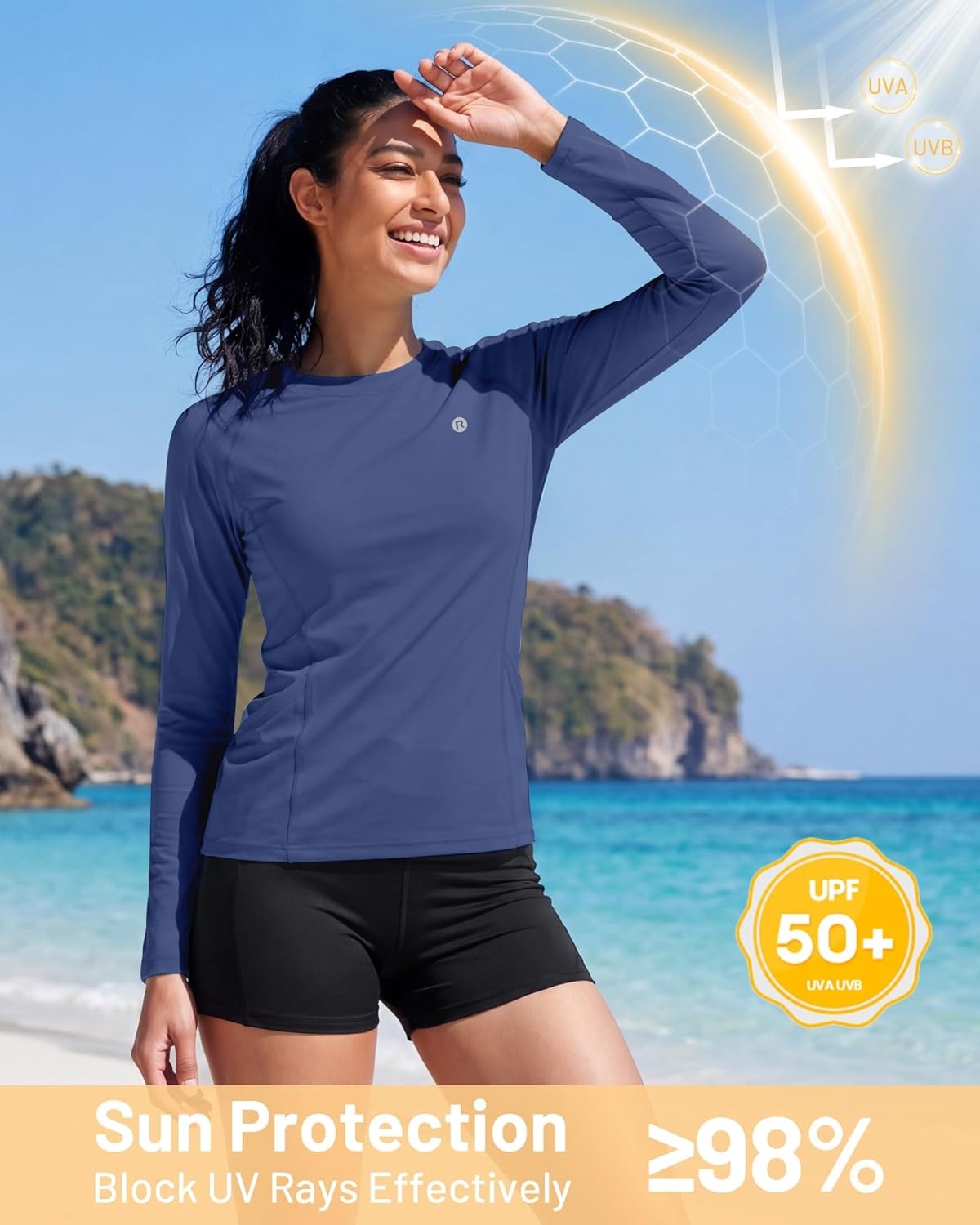 image:imageRunhit Womens UPF 50 Sun Shirts with Pockets Long Sleeve UV Protection Swim Rash Guard Lightweight Quick Dry Workout HikingNavy Blue