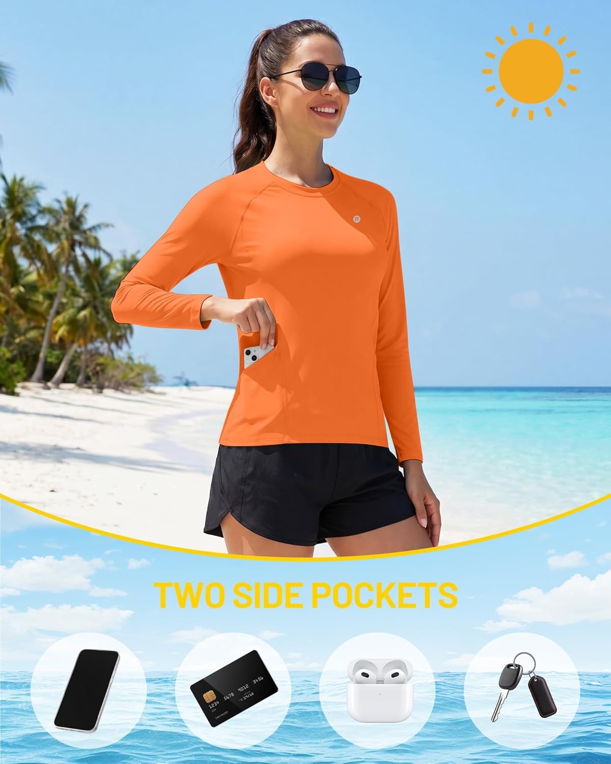 image:imageRunhit Womens UPF 50 Sun Shirts with Pockets Long Sleeve UV Protection Swim Rash Guard Lightweight Quick Dry Workout HikingOrange