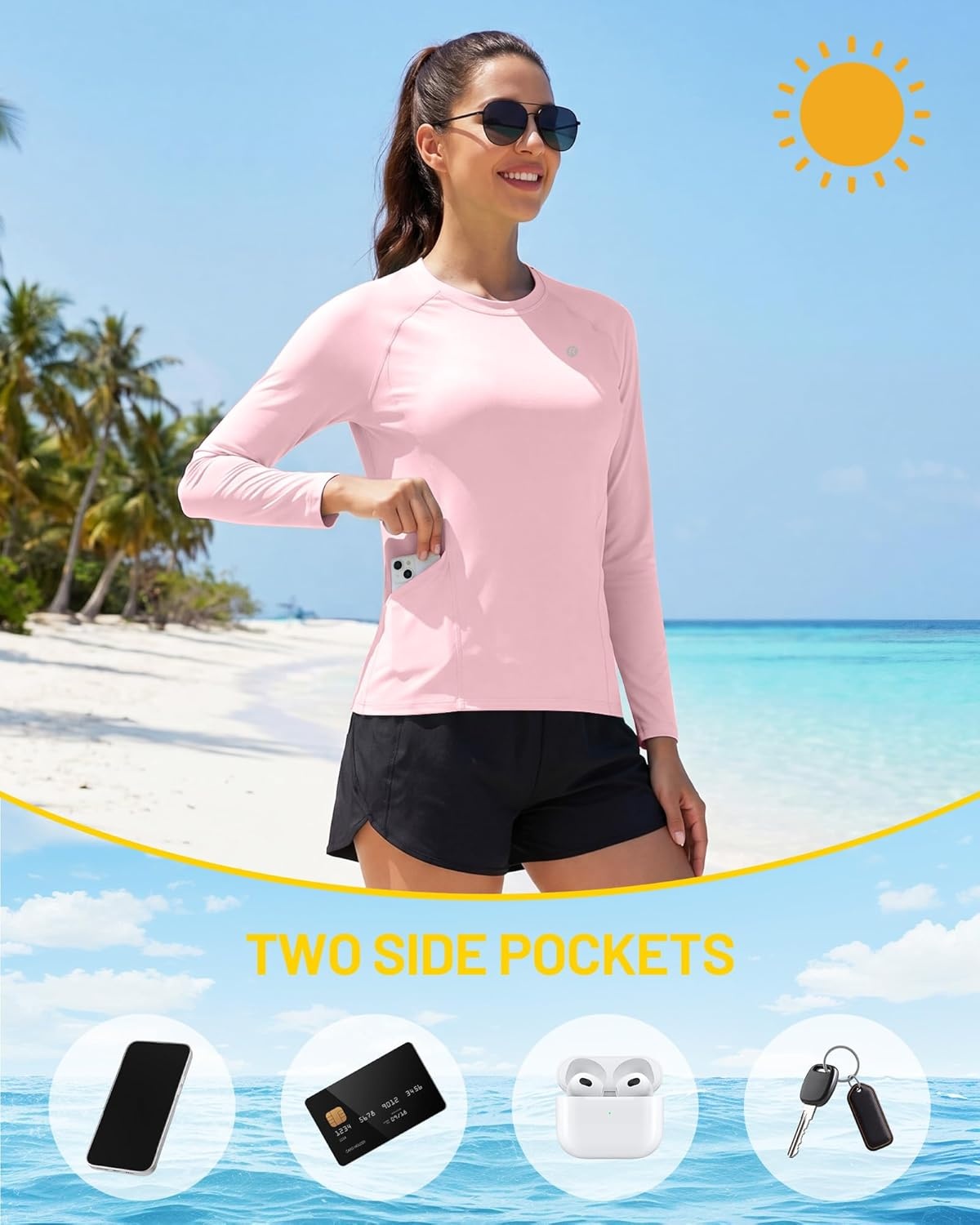 image:imageRunhit Womens UPF 50 Sun Shirts with Pockets Long Sleeve UV Protection Swim Rash Guard Lightweight Quick Dry Workout HikingPink