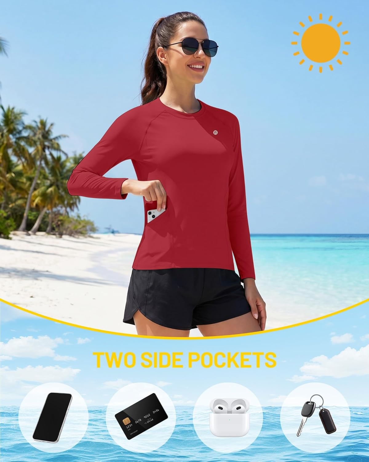 image:imageRunhit Womens UPF 50 Sun Shirts with Pockets Long Sleeve UV Protection Swim Rash Guard Lightweight Quick Dry Workout HikingRed