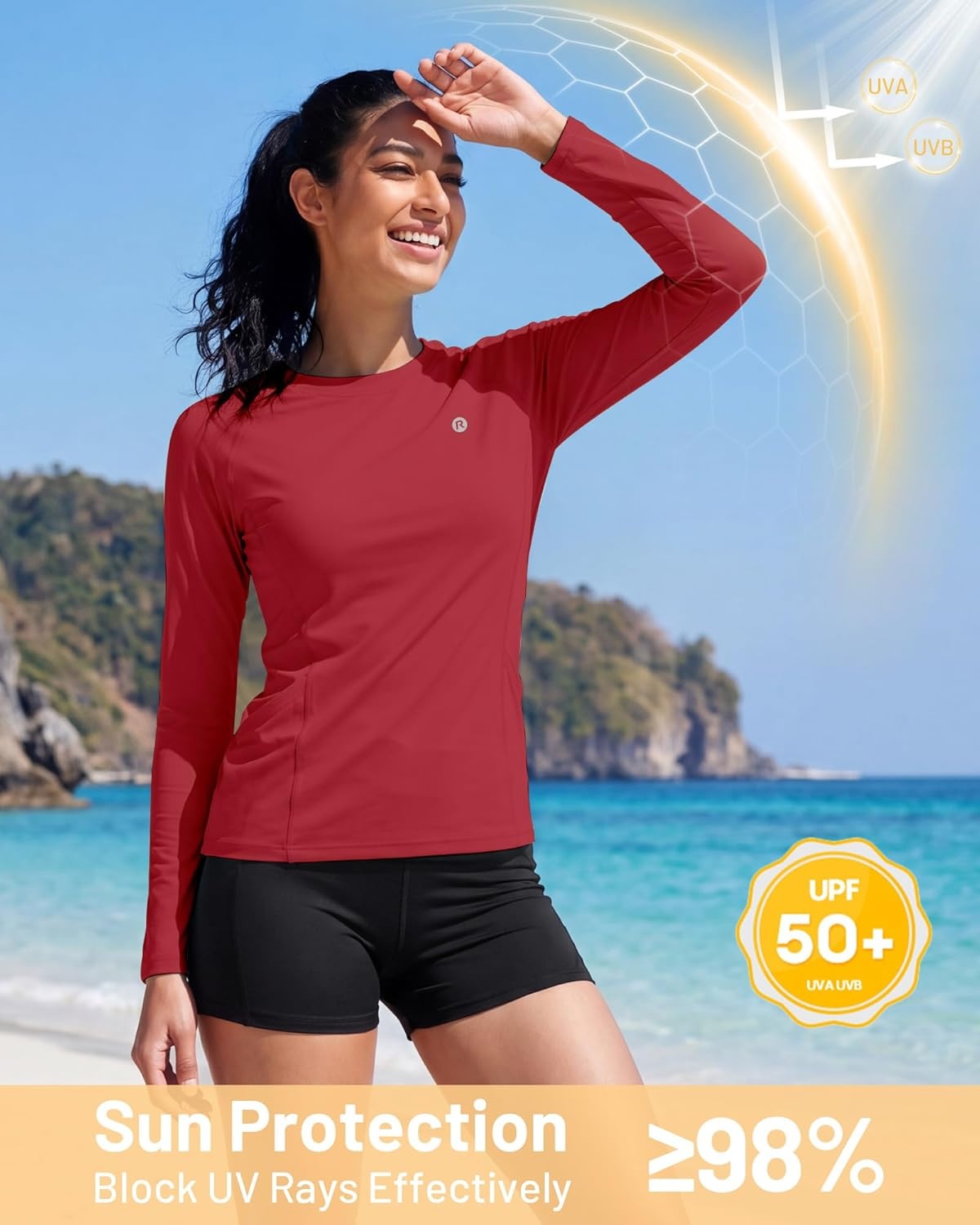 image:imageRunhit Womens UPF 50 Sun Shirts with Pockets Long Sleeve UV Protection Swim Rash Guard Lightweight Quick Dry Workout HikingRed