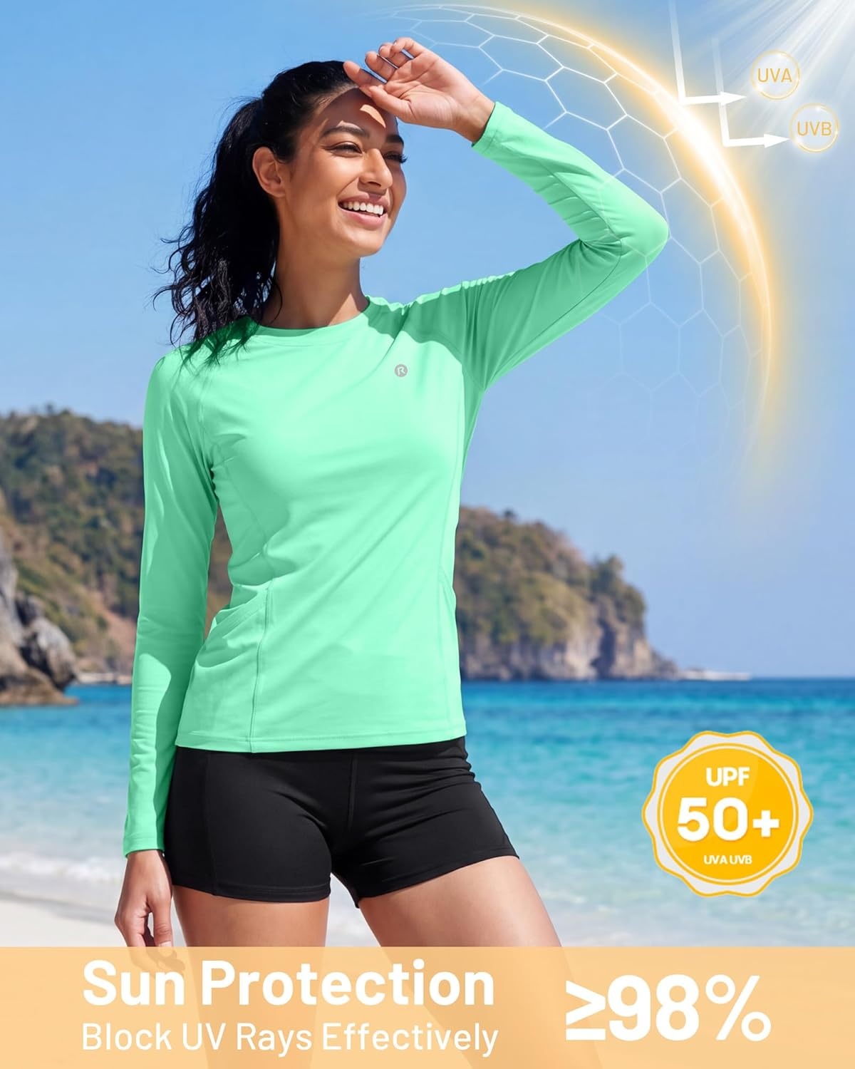 image:imageRunhit Womens UPF 50 Sun Shirts with Pockets Long Sleeve UV Protection Swim Rash Guard Lightweight Quick Dry Workout HikingSeaweed Green