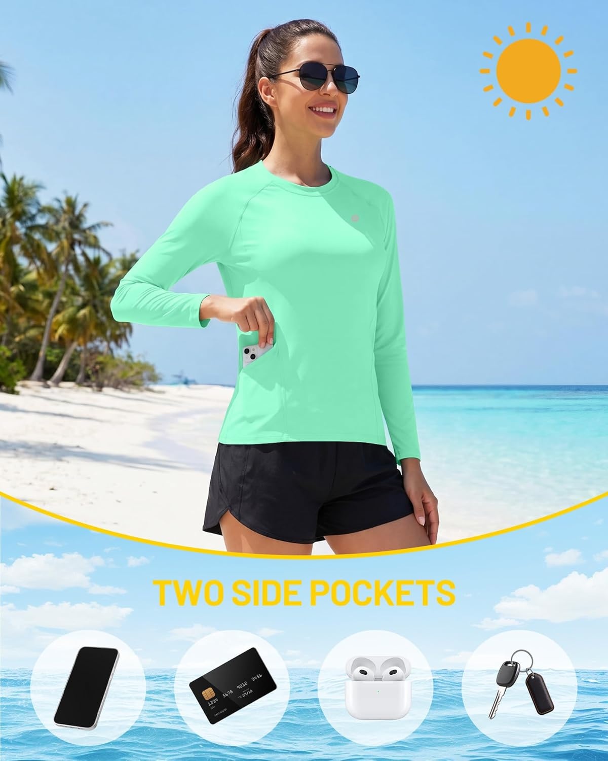 image:imageRunhit Womens UPF 50 Sun Shirts with Pockets Long Sleeve UV Protection Swim Rash Guard Lightweight Quick Dry Workout HikingSeaweed Green