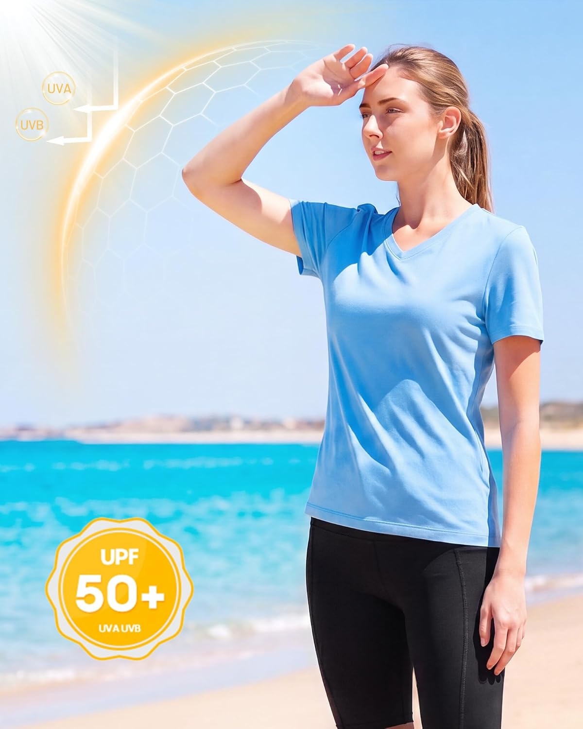 image:imageRunhit Womens Workout Tops Short Sleeve UPF 50 Athletic Sun Shirts Quick Dry V Neck TShirt Moisture Wicking Gym Hiking TeeBlue