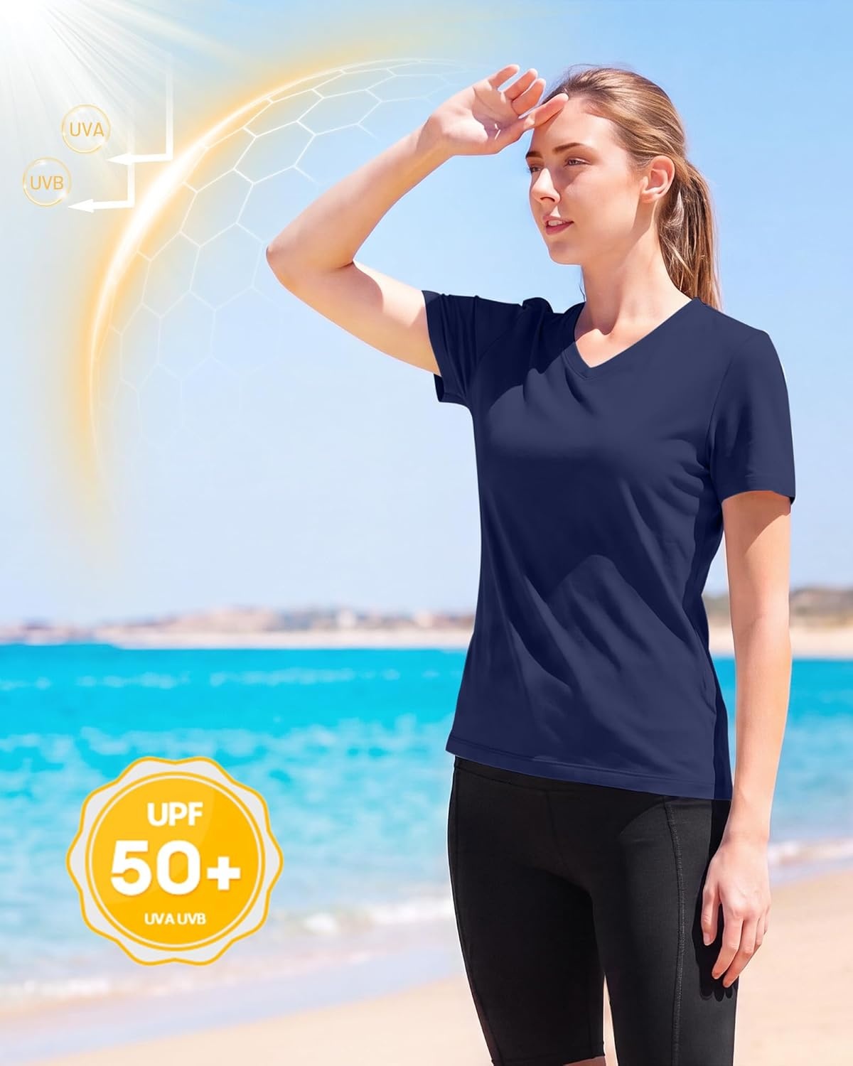 image:imageRunhit Womens Workout Tops Short Sleeve UPF 50 Athletic Sun Shirts Quick Dry V Neck TShirt Moisture Wicking Gym Hiking TeeDeep Blue