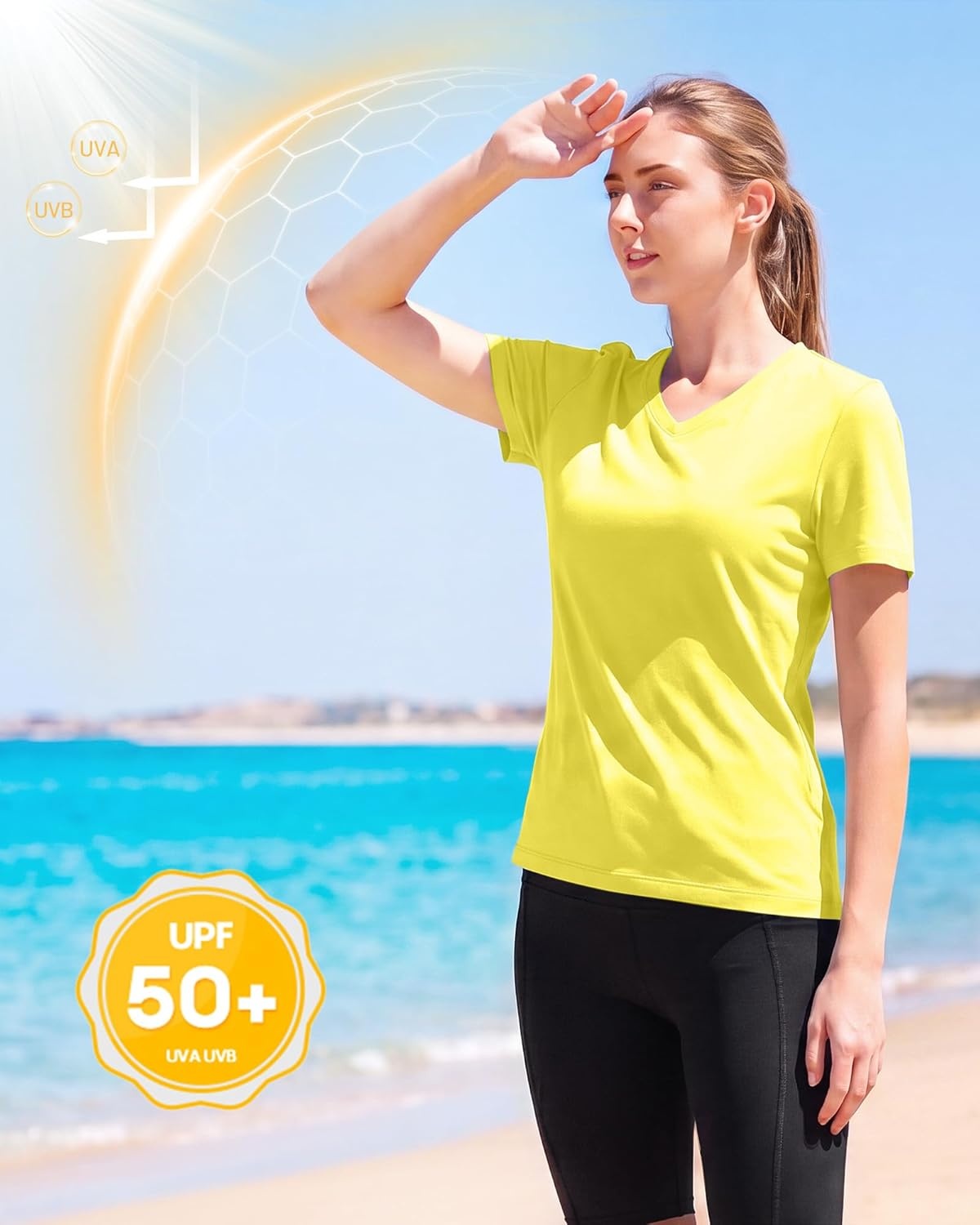 image:imageRunhit Womens Workout Tops Short Sleeve UPF 50 Athletic Sun Shirts Quick Dry V Neck TShirt Moisture Wicking Gym Hiking TeeGolden Yellow