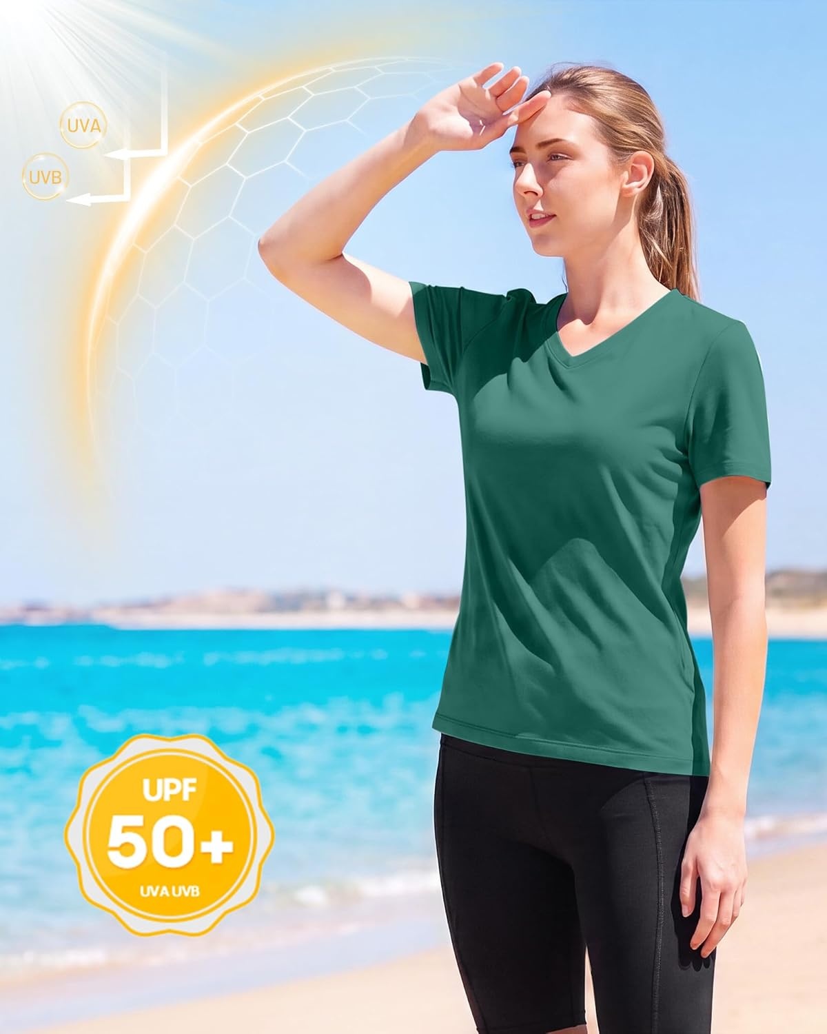 image:imageRunhit Womens Workout Tops Short Sleeve UPF 50 Athletic Sun Shirts Quick Dry V Neck TShirt Moisture Wicking Gym Hiking TeeGreen