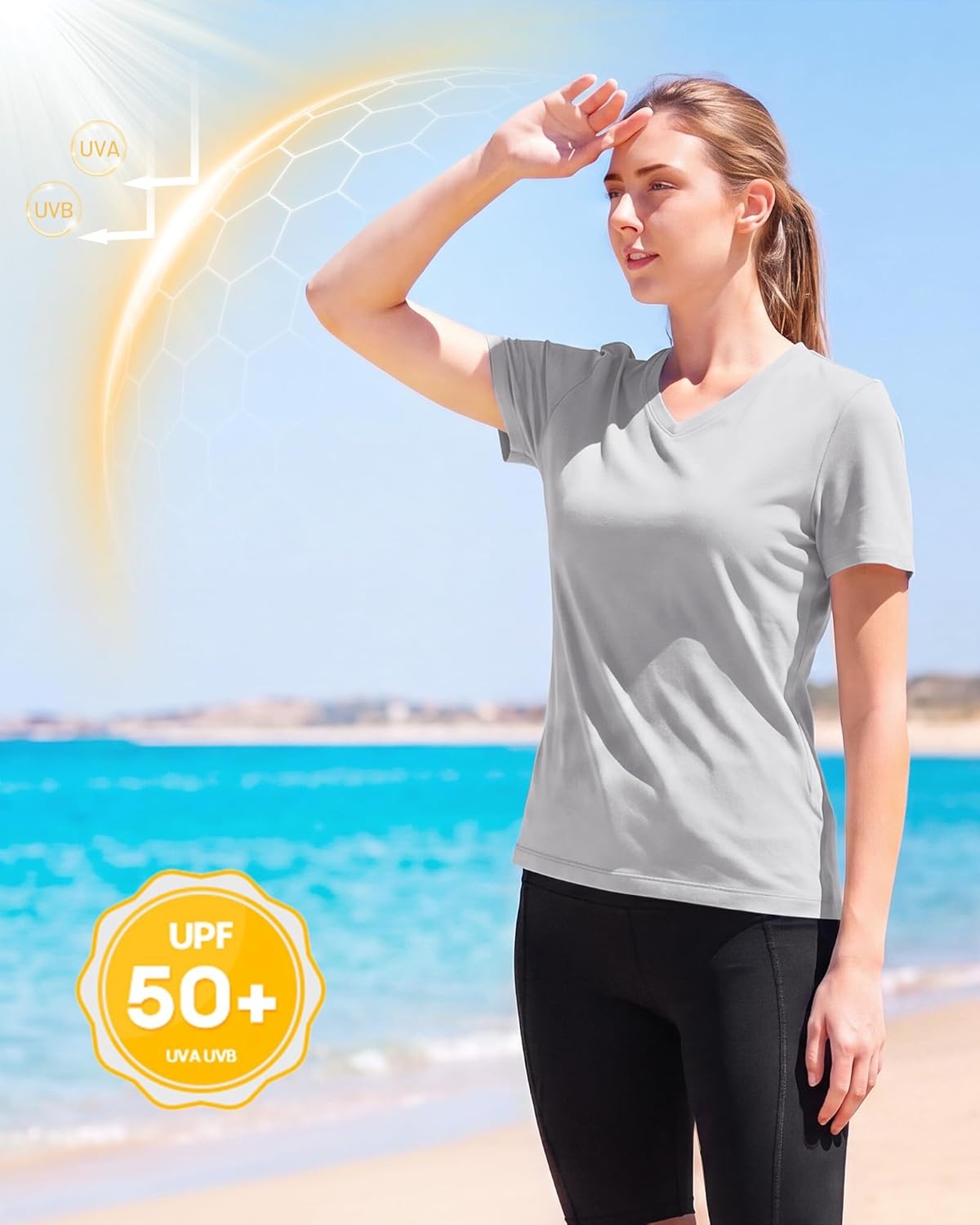 image:imageRunhit Womens Workout Tops Short Sleeve UPF 50 Athletic Sun Shirts Quick Dry V Neck TShirt Moisture Wicking Gym Hiking TeeGrey