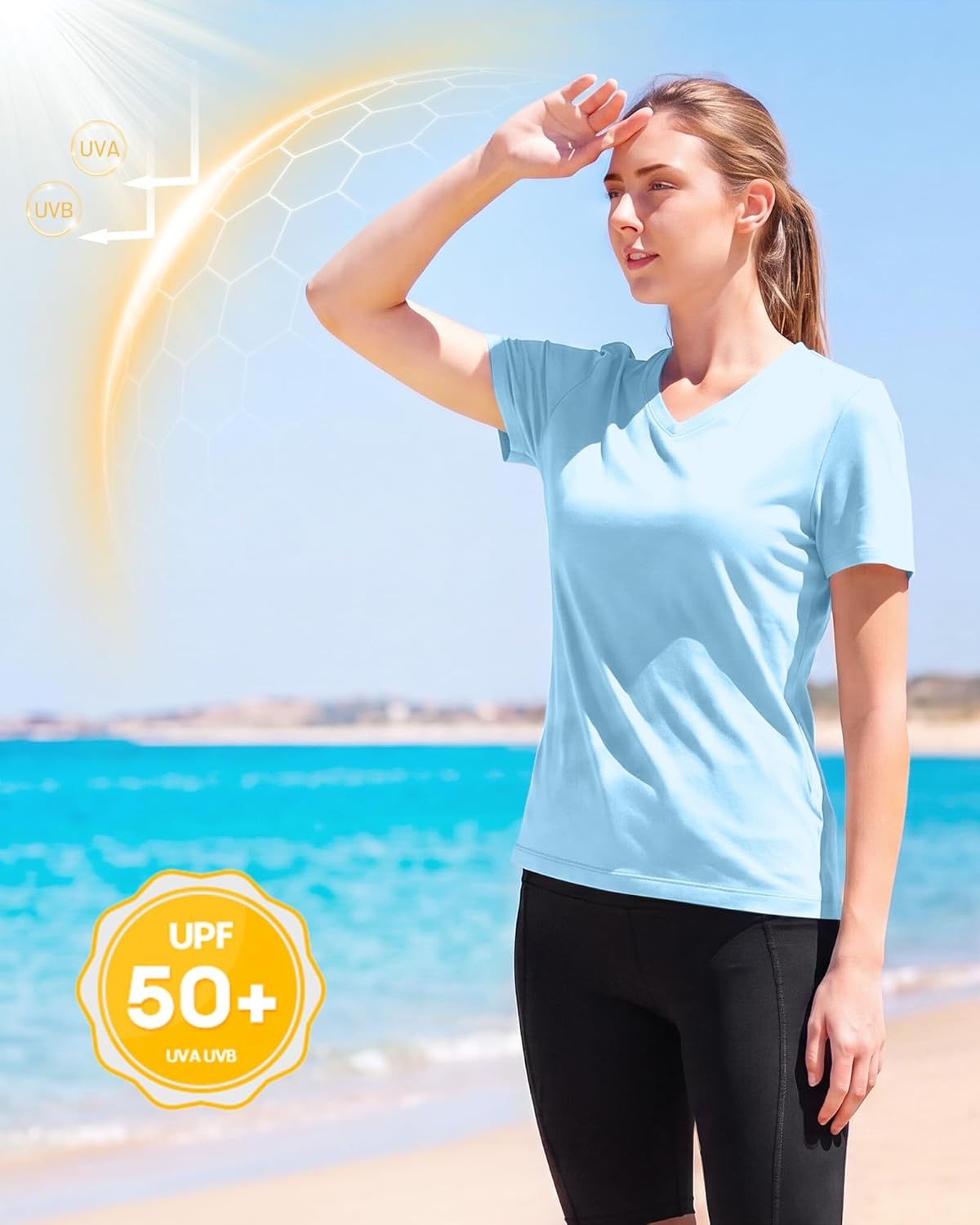 image:imageRunhit Womens Workout Tops Short Sleeve UPF 50 Athletic Sun Shirts Quick Dry V Neck TShirt Moisture Wicking Gym Hiking TeeLight Blue