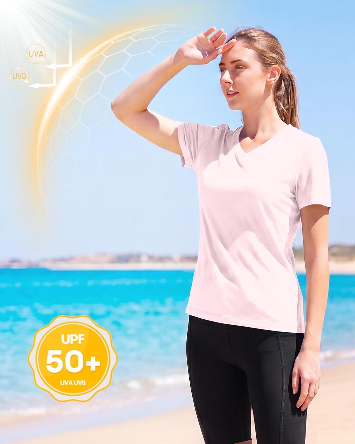 image:imageRunhit Womens Workout Tops Short Sleeve UPF 50 Athletic Sun Shirts Quick Dry V Neck TShirt Moisture Wicking Gym Hiking TeeLight Pink