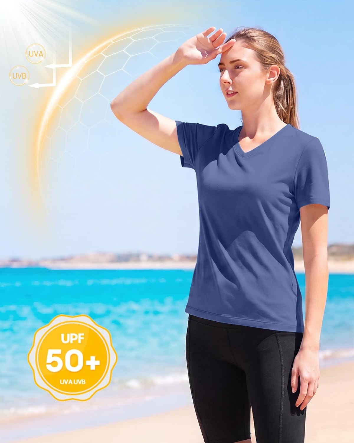 image:imageRunhit Womens Workout Tops Short Sleeve UPF 50 Athletic Sun Shirts Quick Dry V Neck TShirt Moisture Wicking Gym Hiking TeeNavy Blue