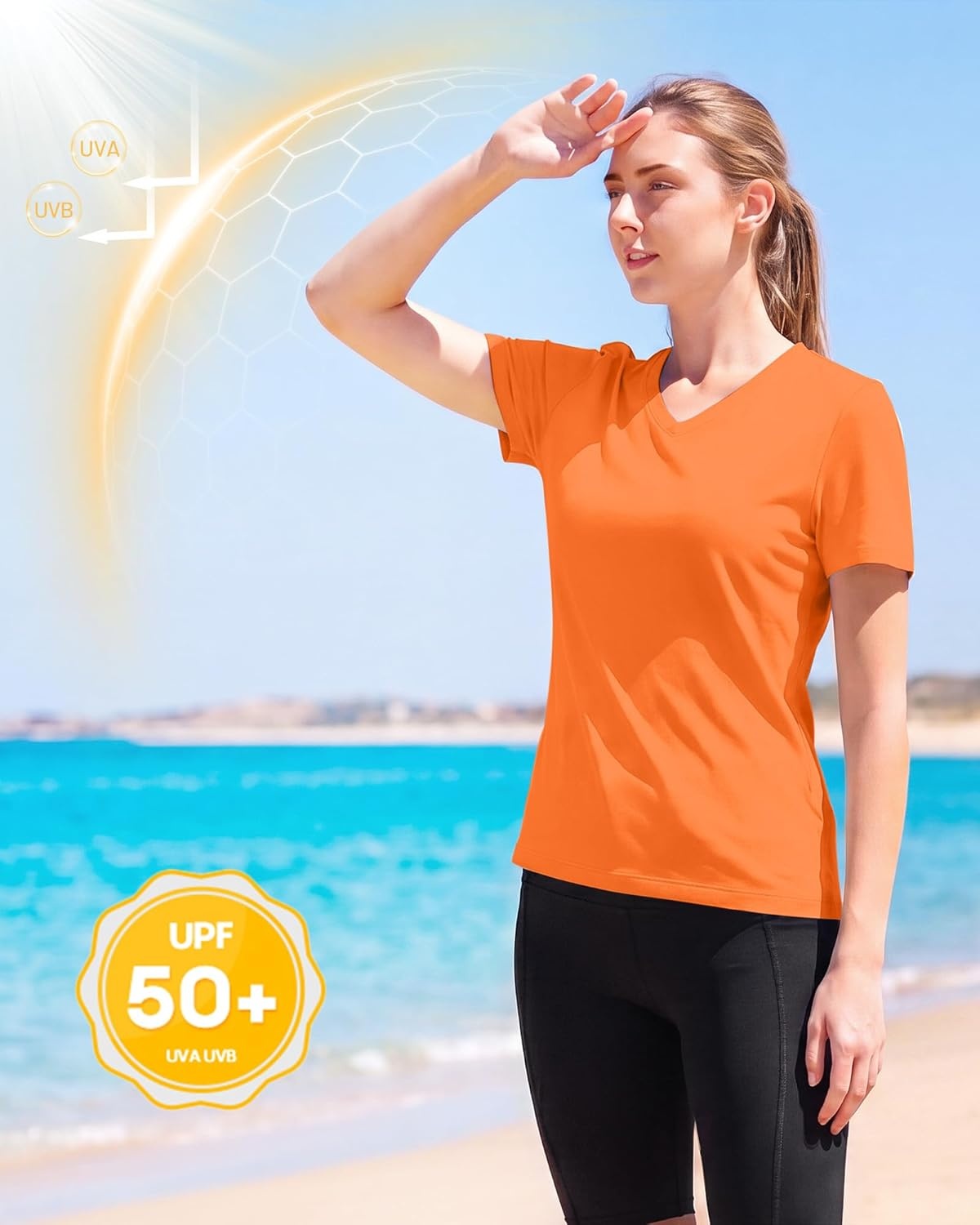 image:imageRunhit Womens Workout Tops Short Sleeve UPF 50 Athletic Sun Shirts Quick Dry V Neck TShirt Moisture Wicking Gym Hiking TeeOrange
