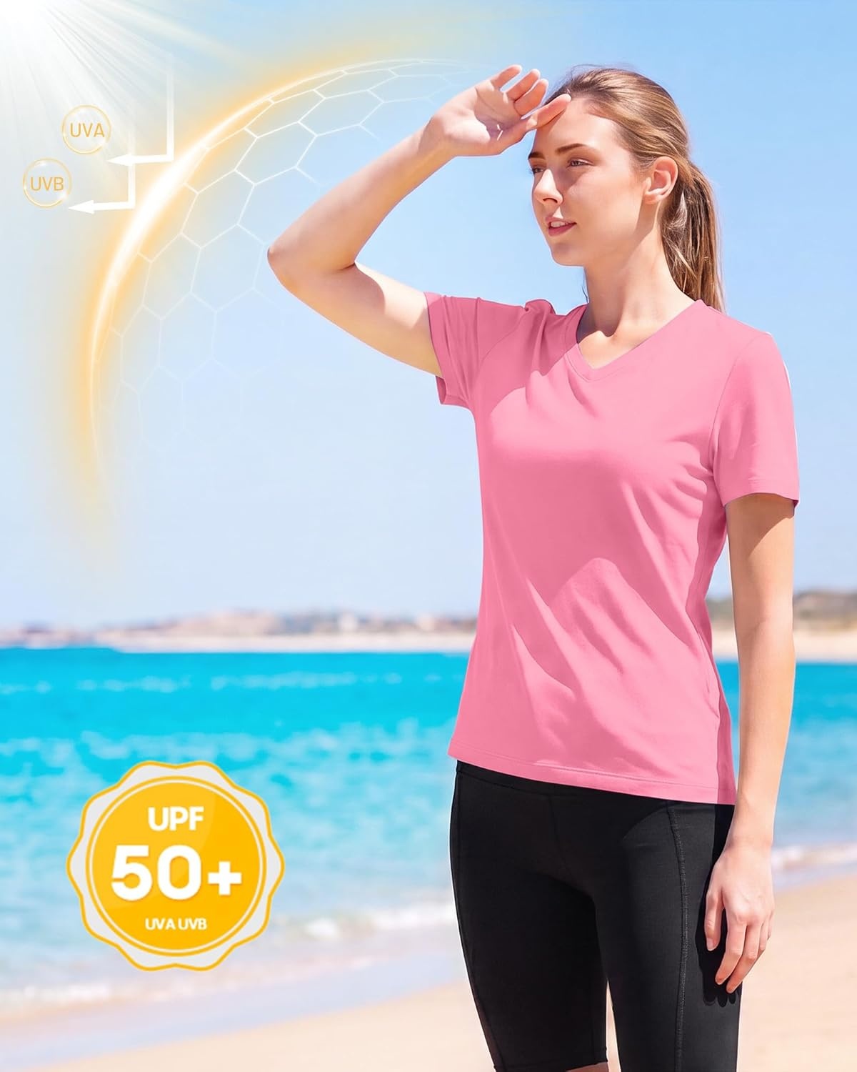 image:imageRunhit Womens Workout Tops Short Sleeve UPF 50 Athletic Sun Shirts Quick Dry V Neck TShirt Moisture Wicking Gym Hiking TeePink