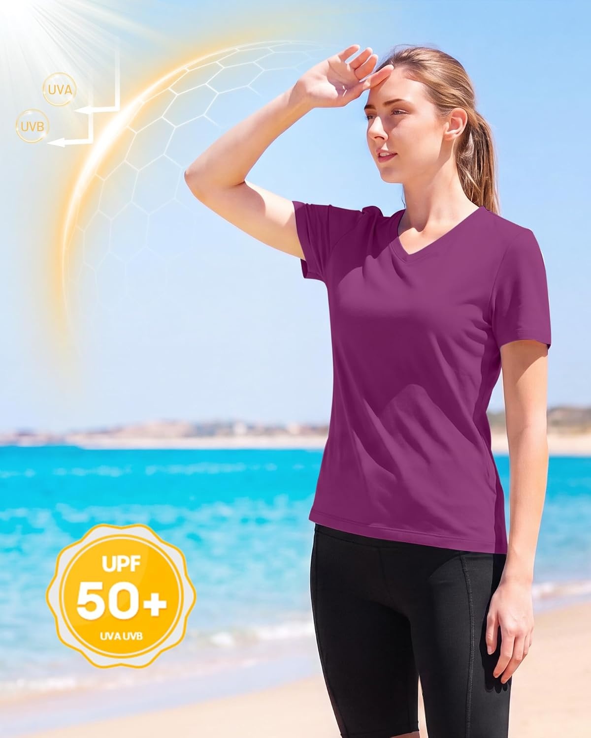 image:imageRunhit Womens Workout Tops Short Sleeve UPF 50 Athletic Sun Shirts Quick Dry V Neck TShirt Moisture Wicking Gym Hiking TeePurple Red