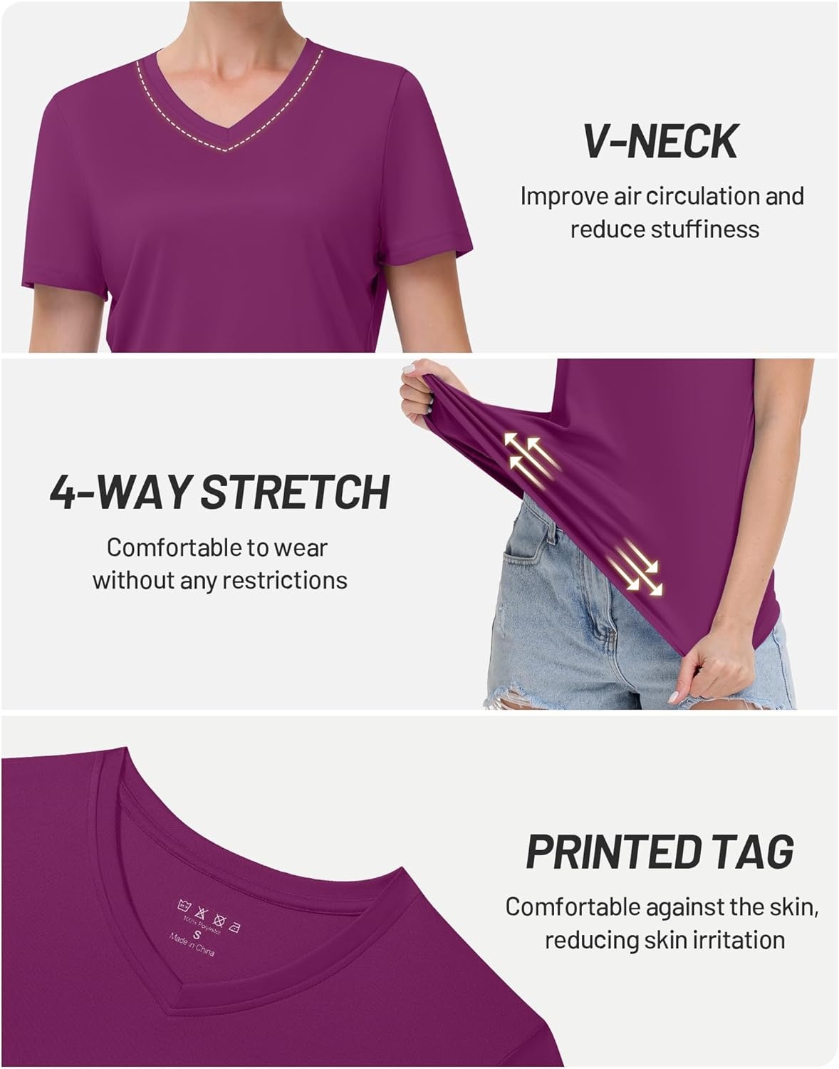 image:imageRunhit Womens Workout Tops Short Sleeve UPF 50 Athletic Sun Shirts Quick Dry V Neck TShirt Moisture Wicking Gym Hiking TeePurple Red