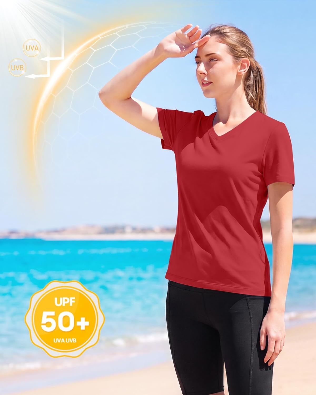image:imageRunhit Womens Workout Tops Short Sleeve UPF 50 Athletic Sun Shirts Quick Dry V Neck TShirt Moisture Wicking Gym Hiking TeeRed