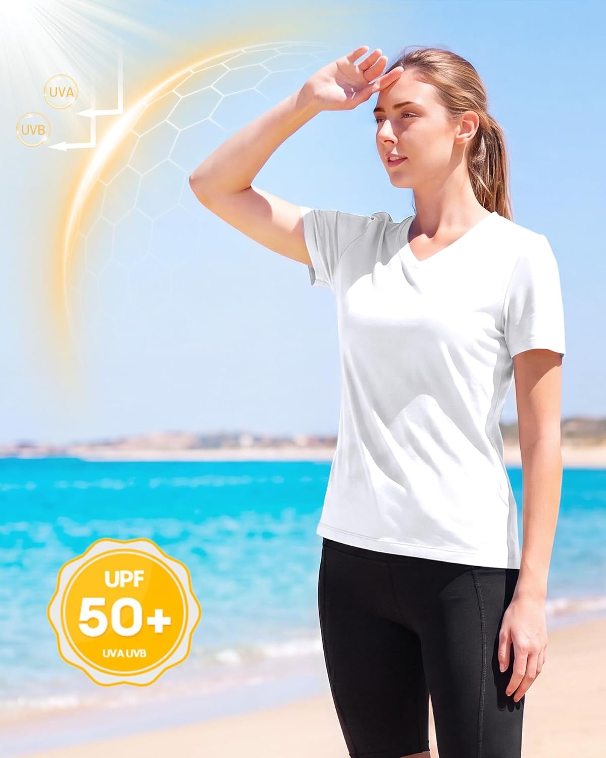 image:imageRunhit Womens Workout Tops Short Sleeve UPF 50 Athletic Sun Shirts Quick Dry V Neck TShirt Moisture Wicking Gym Hiking TeeWhite