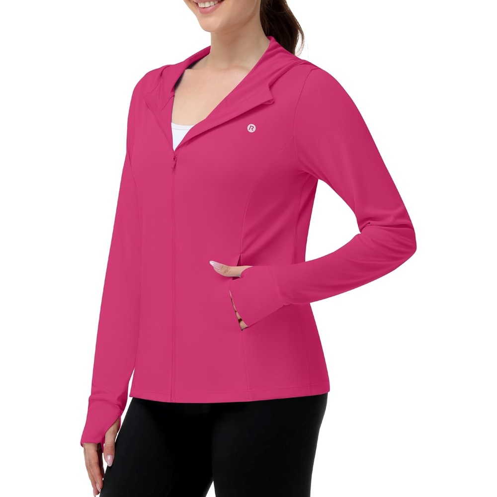 image:imageRunhit Womens UPF 50 Sun Protection Jacket Hoodie Lightweight Zip Up Long Sleeve Sun Shirt with Pockets for Hiking WorkoutRose Red