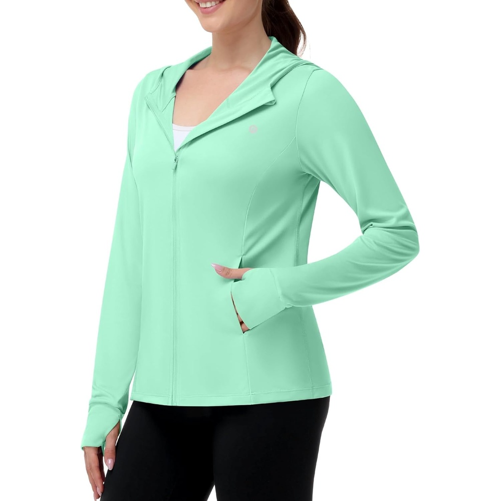 image:imageRunhit Womens UPF 50 Sun Protection Jacket Hoodie Lightweight Zip Up Long Sleeve Sun Shirt with Pockets for Hiking WorkoutSeaweed Green