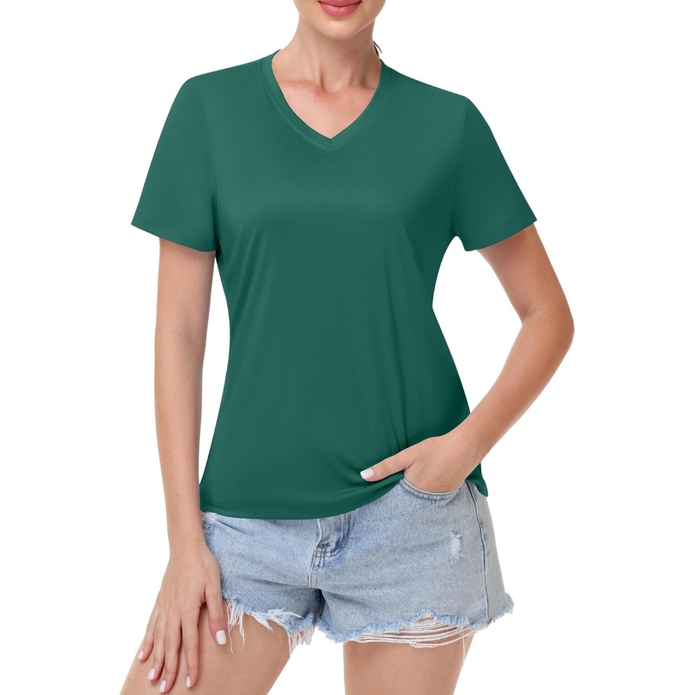 image:imageRunhit Womens Workout Tops Short Sleeve UPF 50 Athletic Sun Shirts Quick Dry V Neck TShirt Moisture Wicking Gym Hiking TeeGreen