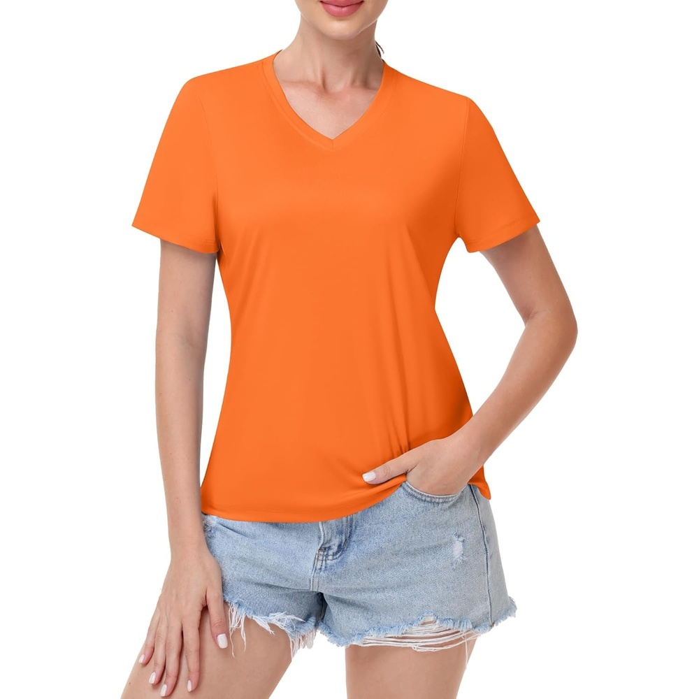 image:imageRunhit Womens Workout Tops Short Sleeve UPF 50 Athletic Sun Shirts Quick Dry V Neck TShirt Moisture Wicking Gym Hiking TeeOrange