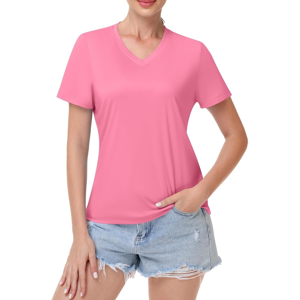 image:imageRunhit Womens Workout Tops Short Sleeve UPF 50 Athletic Sun Shirts Quick Dry V Neck TShirt Moisture Wicking Gym Hiking TeePink