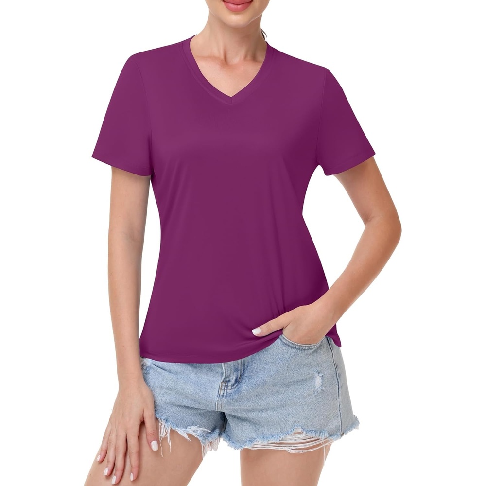 image:imageRunhit Womens Workout Tops Short Sleeve UPF 50 Athletic Sun Shirts Quick Dry V Neck TShirt Moisture Wicking Gym Hiking TeePurple Red
