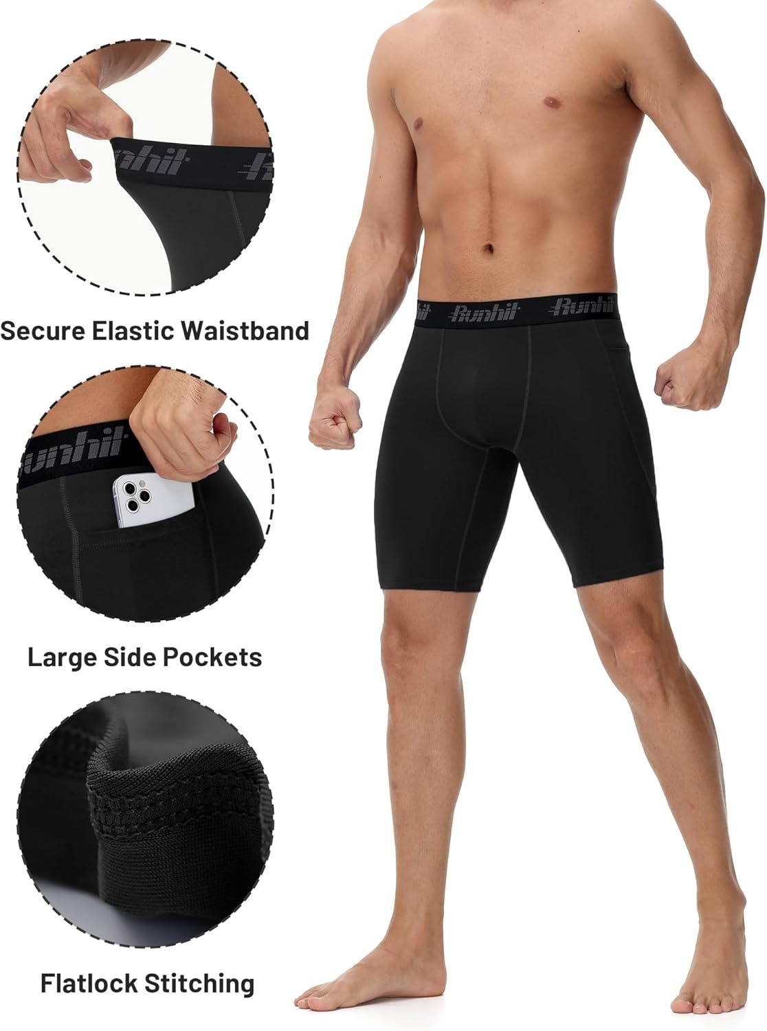 image:imageRunhit 2 Pack Mens Compression Shorts with Pockets 9 Performance Spandex Underwear Sport Athletic Workout Running Base LayerBlackblack