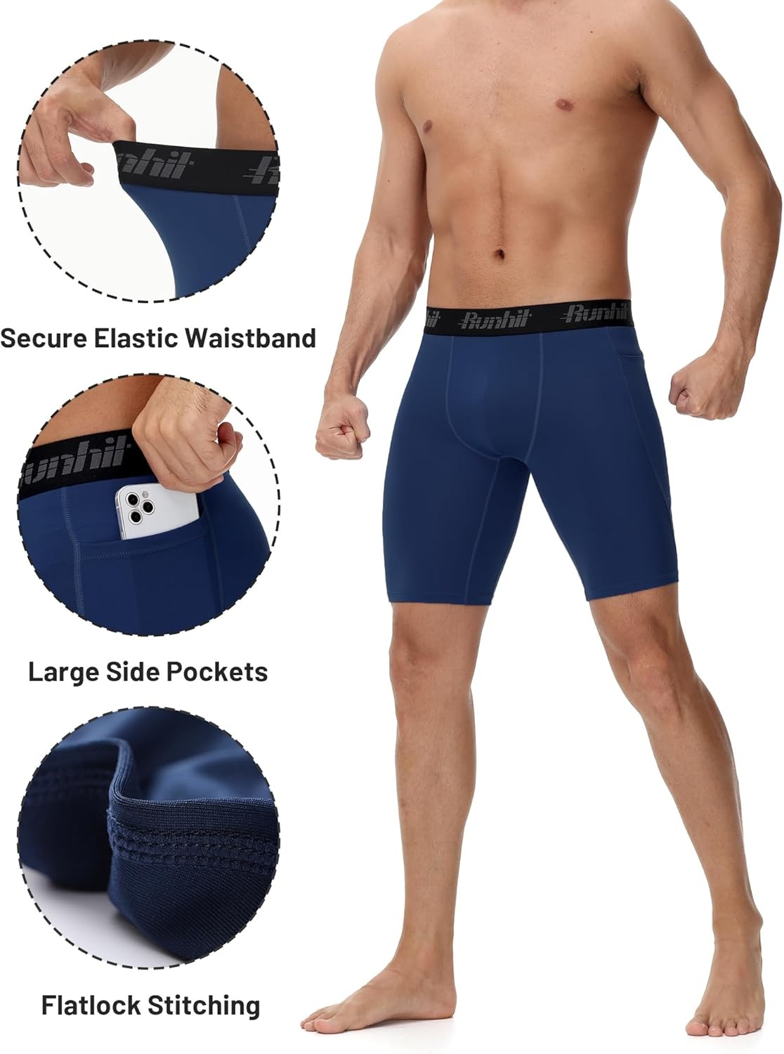 image:imageRunhit 2 Pack Mens Compression Shorts with Pockets 9 Performance Spandex Underwear Sport Athletic Workout Running Base LayerBlacknavy