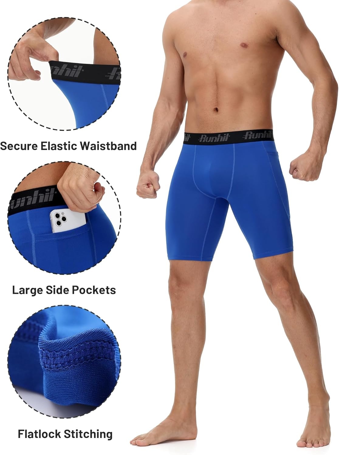 image:imageRunhit 2 Pack Mens Compression Shorts with Pockets 9 Performance Spandex Underwear Sport Athletic Workout Running Base LayerBlackroyal Blue