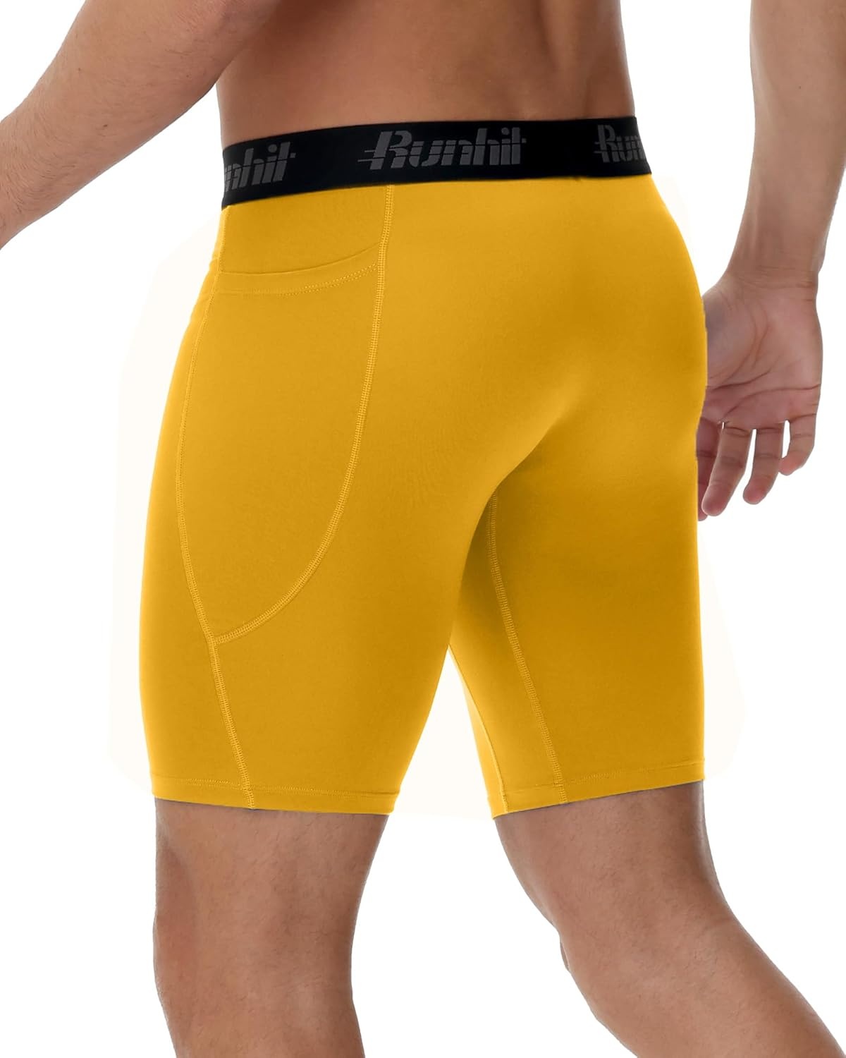 image:imageRunhit 2 Pack Mens Compression Shorts with Pockets 9 Performance Spandex Underwear Sport Athletic Workout Running Base LayerBlackturmeric Yellow