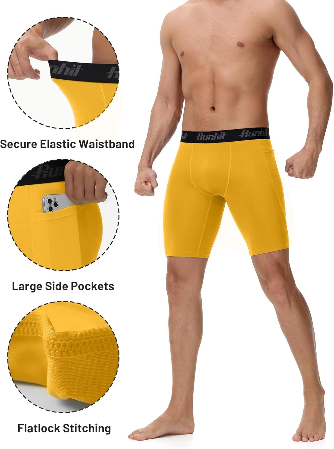 image:imageRunhit 2 Pack Mens Compression Shorts with Pockets 9 Performance Spandex Underwear Sport Athletic Workout Running Base LayerBlackturmeric Yellow
