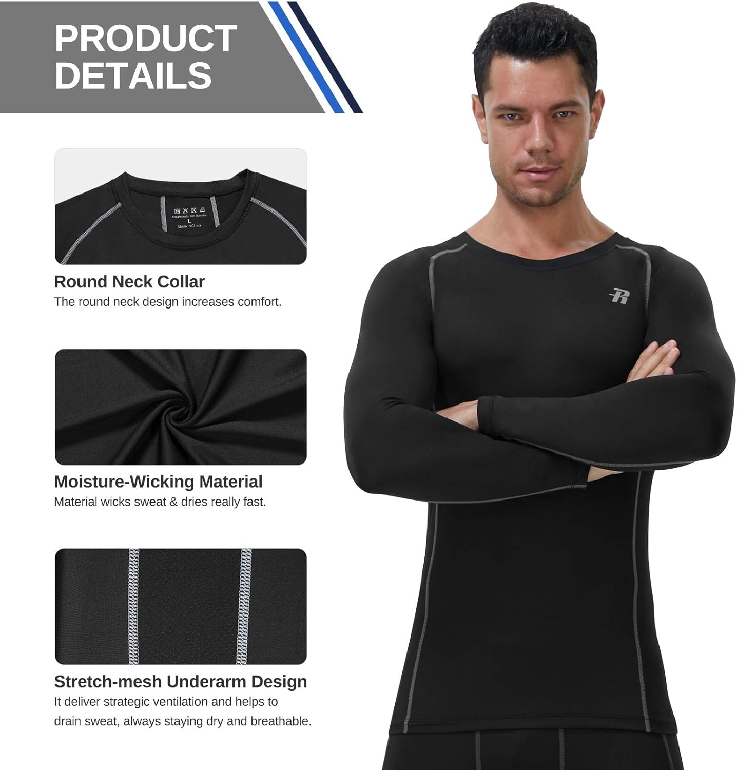 image:imageRunhit Compression Shirts for Men Long Sleeve Cool Dry Athletic Workout Tee Shirts Fishing Sun Shirts Sports Thermal Tights3 Pack BlackBlueGray