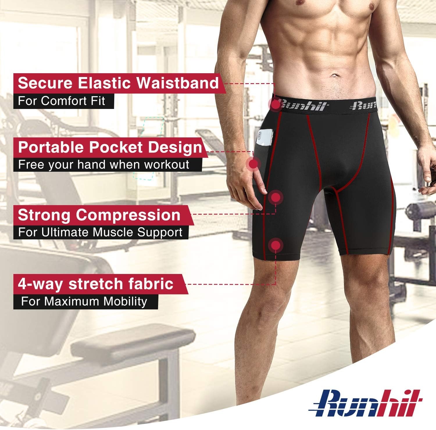 image:imageRunhit Compression Shorts Men Underwear Spandex Running Shorts Workout Athletic3 Pack Pocketblack Grey