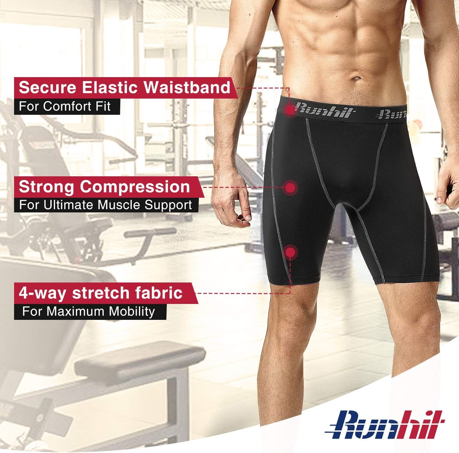 image:imageRunhit Compression Shorts Men Underwear Spandex Running Shorts Workout Athletic3 Packblack Grey Red