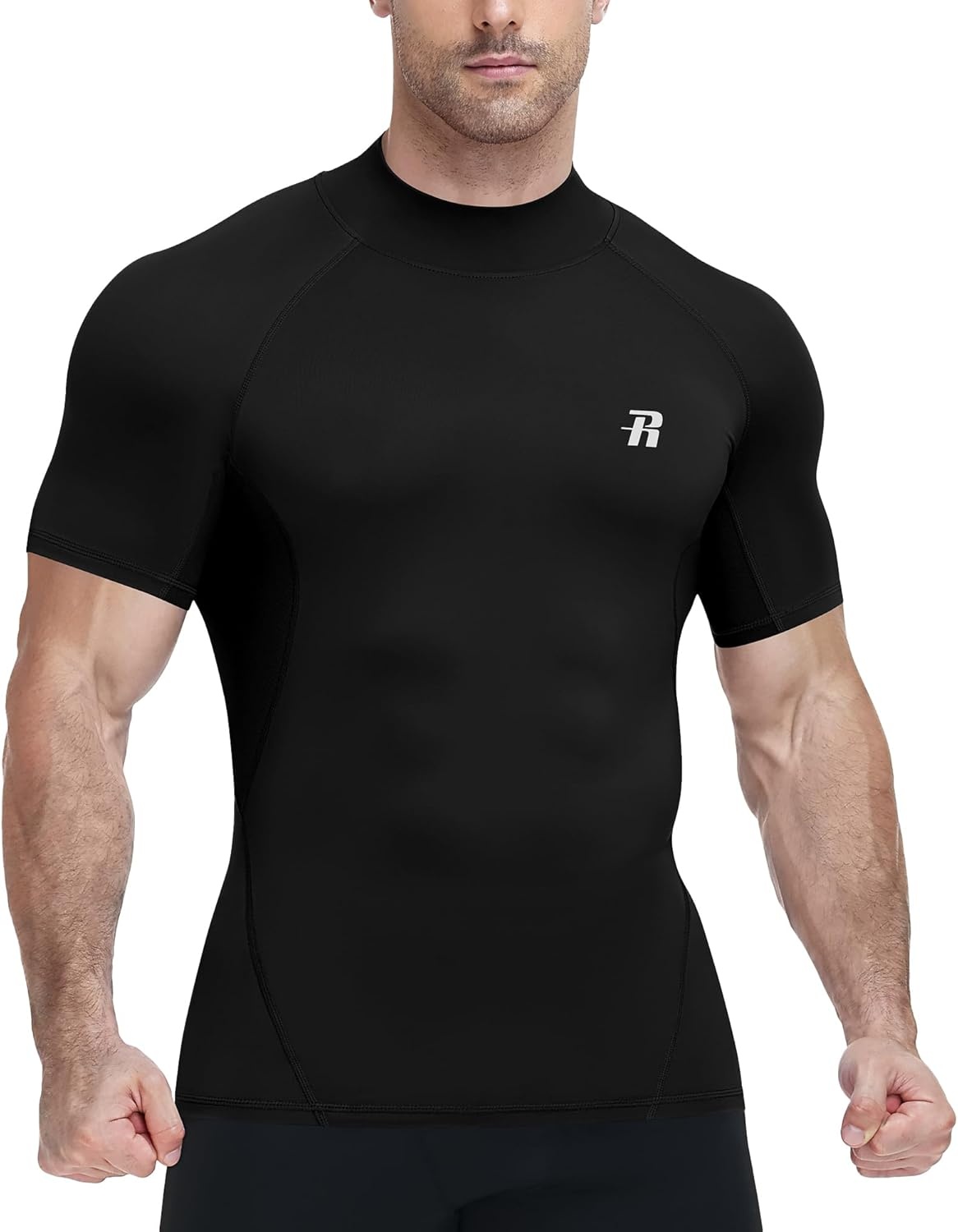 image:imageRunhit Mens Turtleneck Compression TShirt Short Sleeve Mock Neck Shirt UPF 50 Athletic Undershirt Football Gym RunningBlack