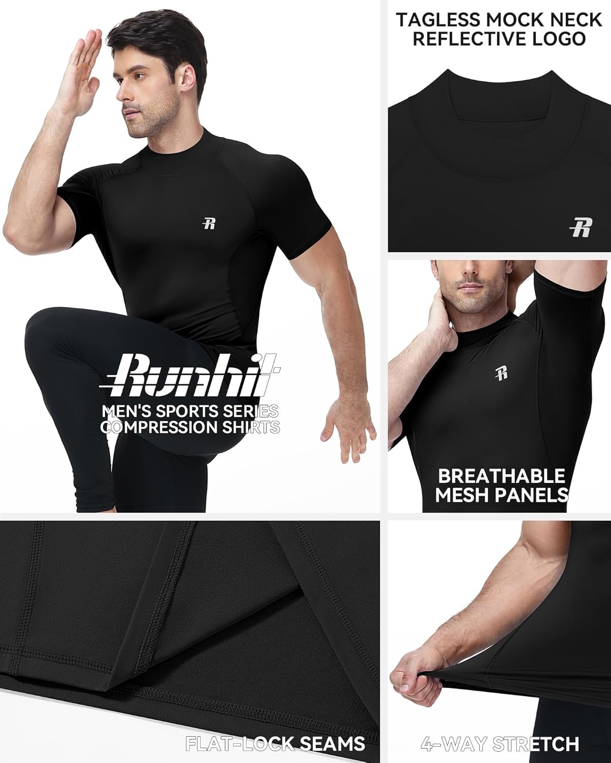 image:imageRunhit Mens Turtleneck Compression TShirt Short Sleeve Mock Neck Shirt UPF 50 Athletic Undershirt Football Gym RunningBlack