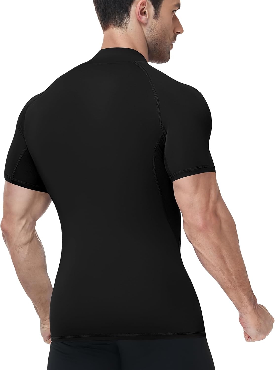 image:imageRunhit Mens Turtleneck Compression TShirt Short Sleeve Mock Neck Shirt UPF 50 Athletic Undershirt Football Gym RunningBlack