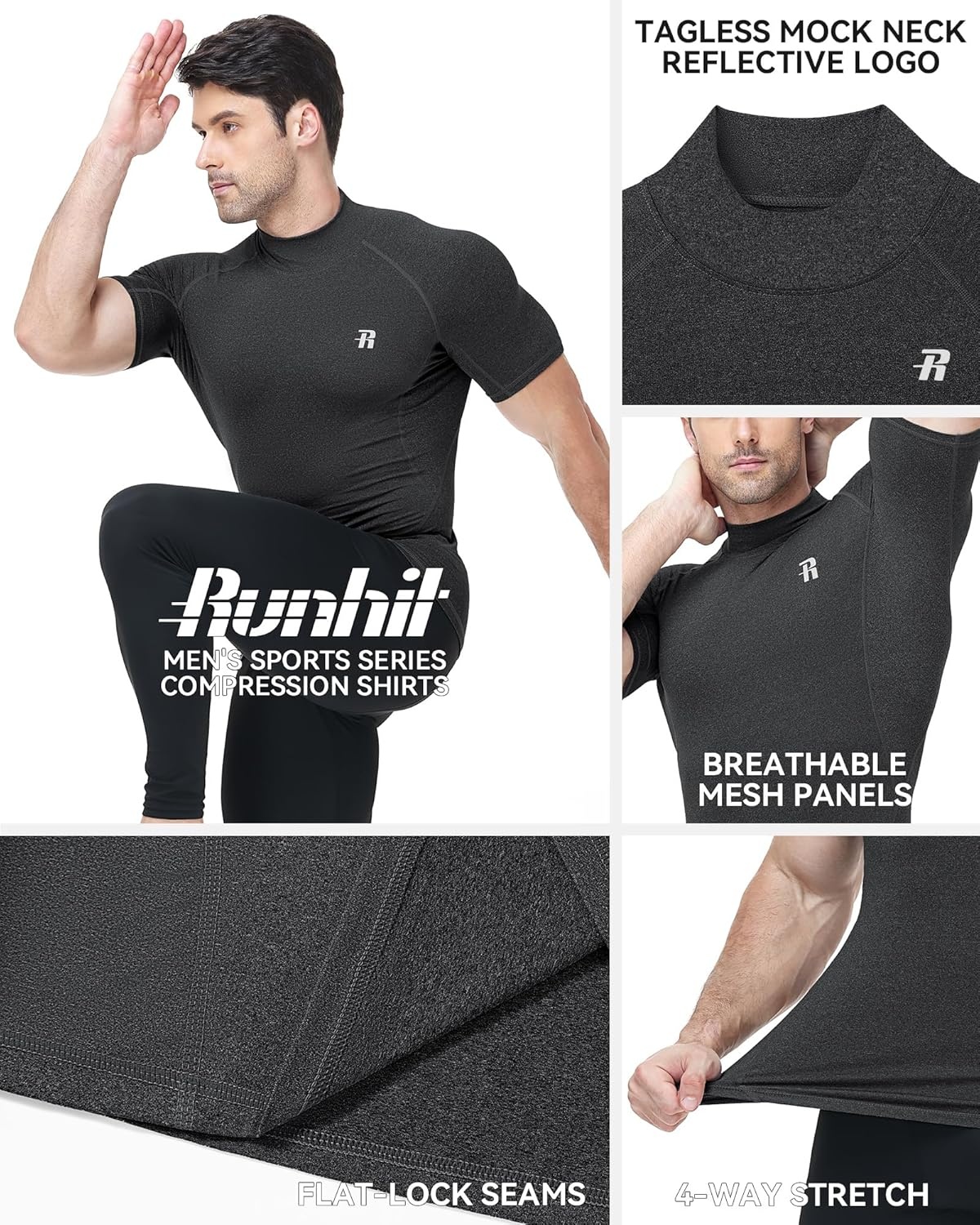 image:imageRunhit Mens Turtleneck Compression TShirt Short Sleeve Mock Neck Shirt UPF 50 Athletic Undershirt Football Gym RunningDark Charcoal Heather Gray